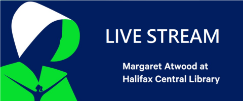 Silhouette of a woman in a bonette on a blue bakcground. Text on image reads: Live stream - Margaret Atwood at Halifax Central Library