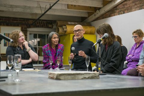 Melanie Colosimo, Director/Curator, NSCAD’s Anna Leonowens Gallery Systems; Shuvinai Ashoona, artist; Ed Pien, artist; and Shary Boyle, artist during the round table discussion.