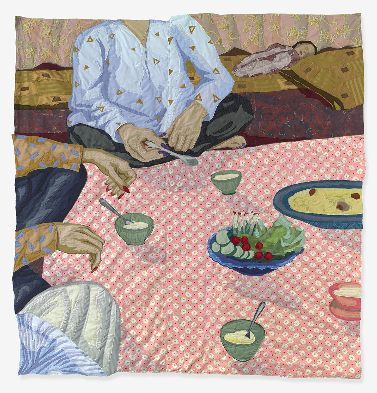 Hangama Amiri, Noon, Still Life with Salad and Qabeli Palaw, 2023. Muslin, cotton, chiffon, silk, denim, polyester and suede, 190.5 × 179 cm. © Hangama Amiri. Photo: Chris Gardner, Courtesy of Cooper Cole, Toronto