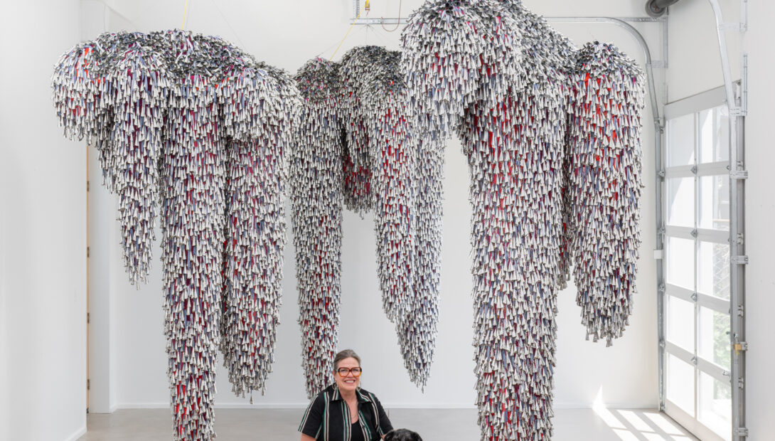 Image of work: Marie Watt Forest Shifts Light (Sequoia, Crest, Canopy), 2025 Jingles, twill tape, mesh