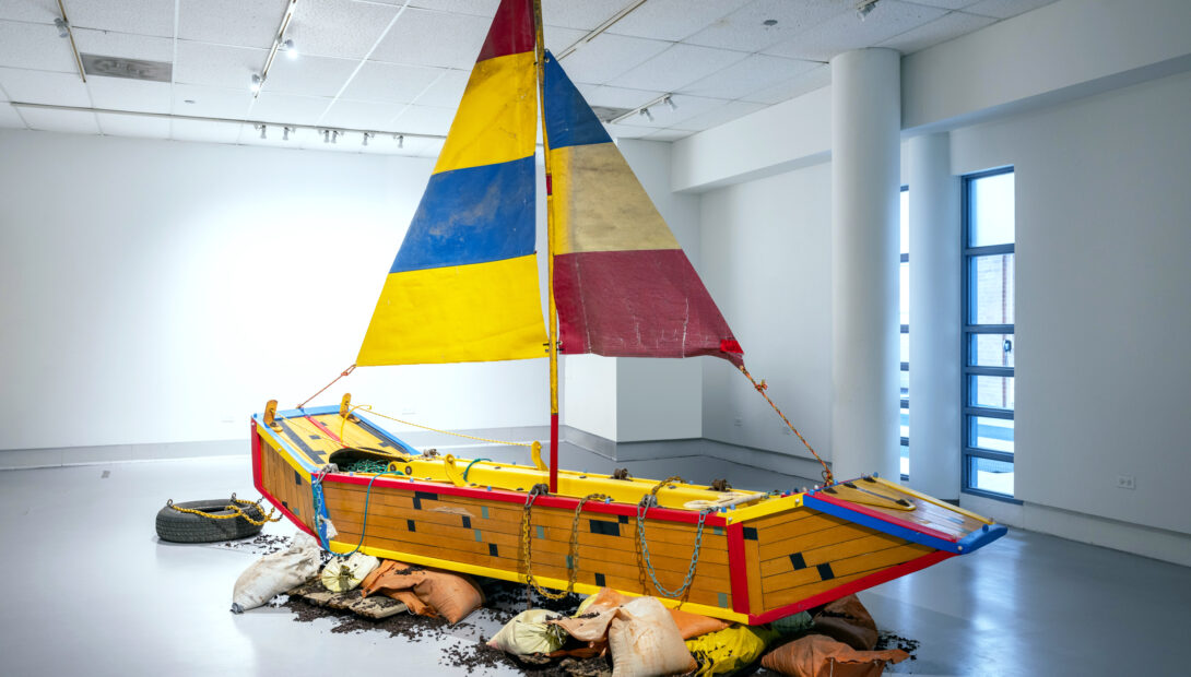 Delicate and Filled with Dynamite. Boat made from basketball court flooring and abandoned playground remnants 15ft long x 13ft tall 2023