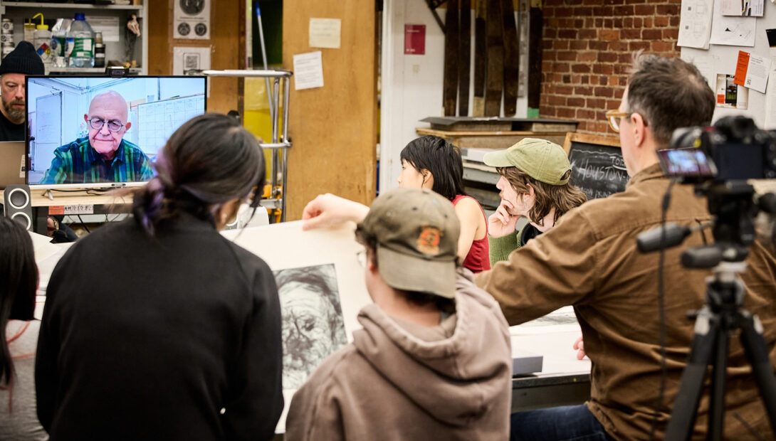 Professor Mark Bovey and students speaking with Jim Dine.