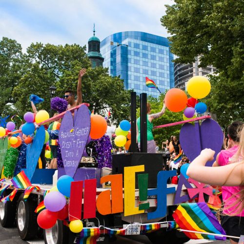 Colourful float in the Halifax Pride parade downtown