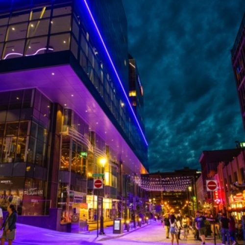 Downtown Halifax street lit up at night