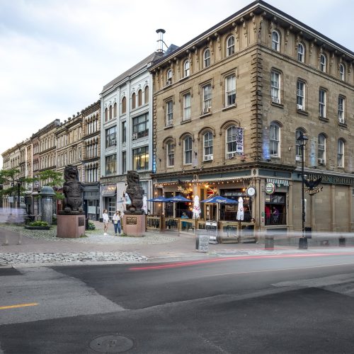 Historic stone buildings of NSCAD’s Fountain Campus on Granville Street in downtown Halifax